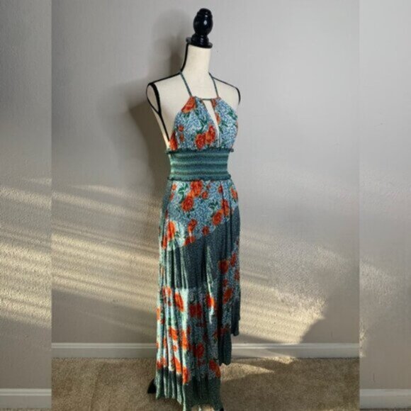 NWT Free People Pleated Halter Sundress in Blue and Orange Midi Dress - Picture 7 of 16
